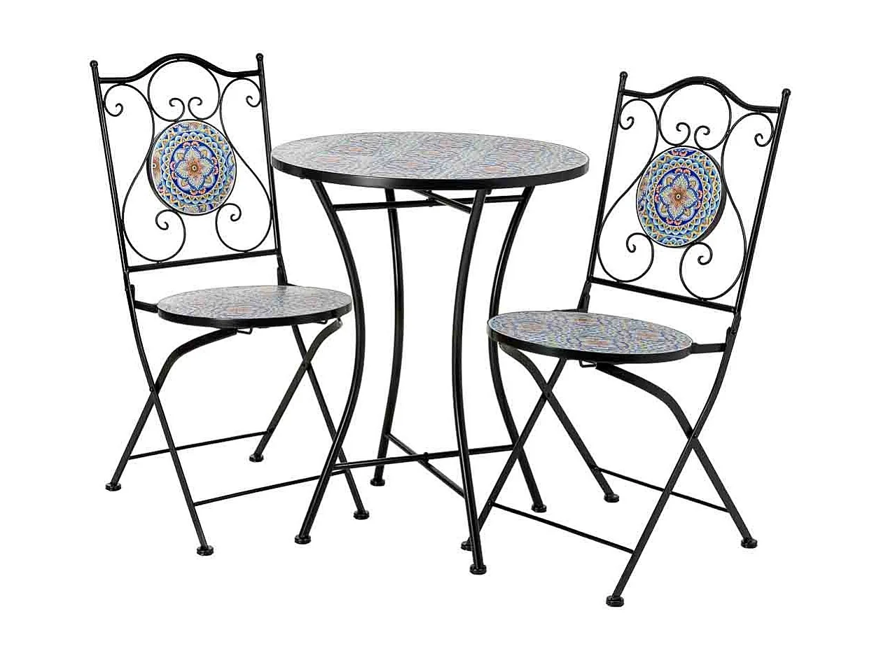 Ensemble table et 2 chaises en mosaïque et fer forgé noir, table : D60 x H75 cm - chaise(s) : D38 x H46-90 cm