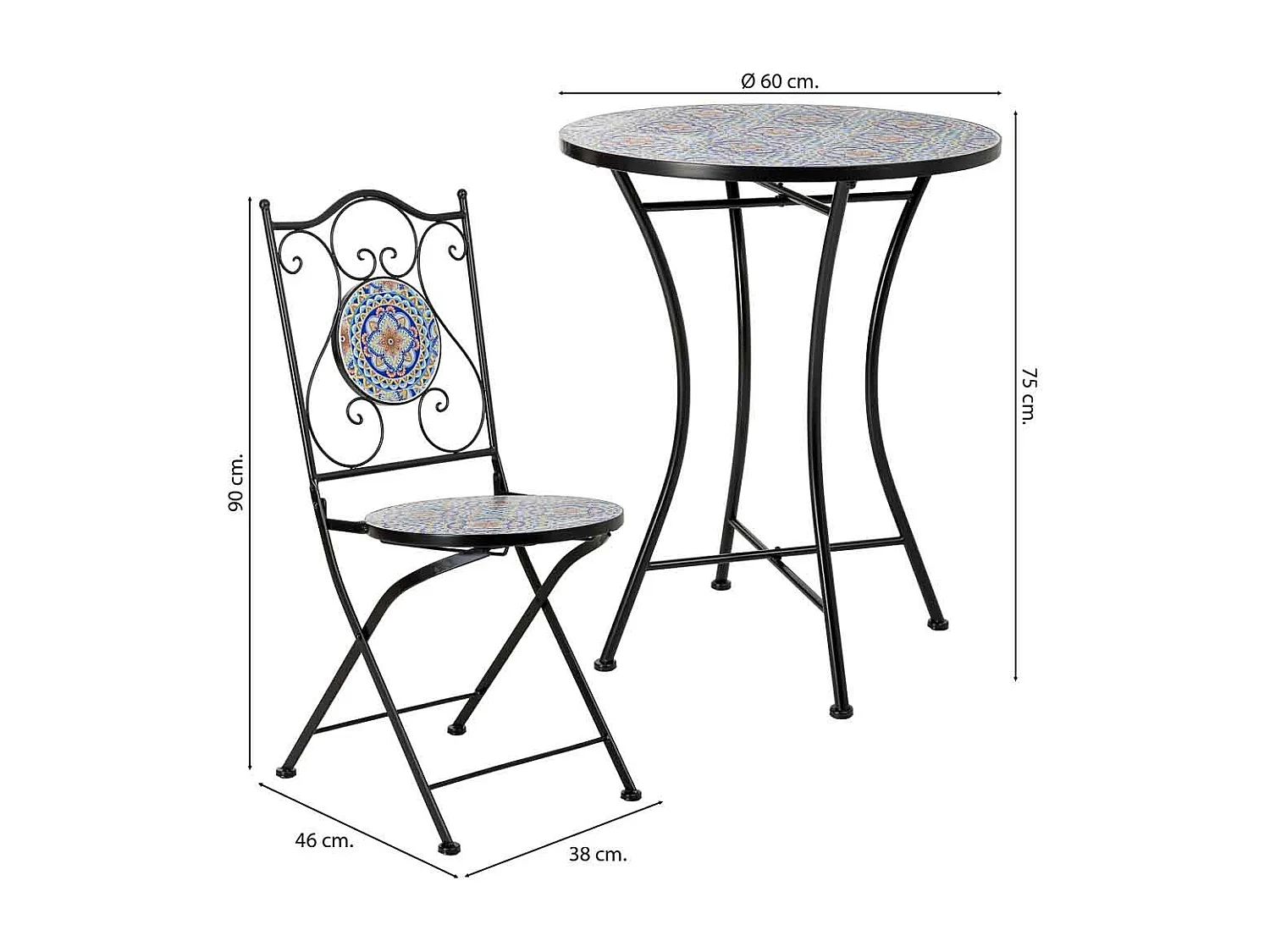 Ensemble table et 2 chaises en mosaïque et fer forgé noir, table : D60 x H75 cm - chaise(s) : D38 x H46-90 cm