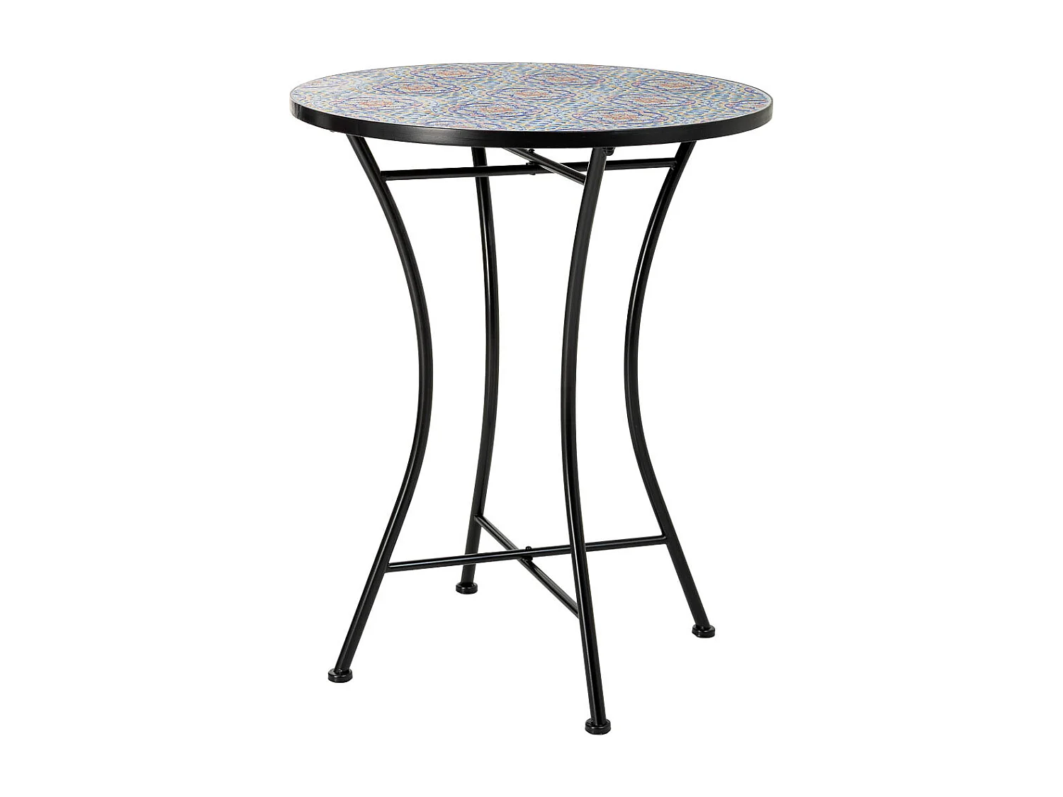 Ensemble table et 2 chaises en mosaïque et fer forgé noir, table : D60 x H75 cm - chaise(s) : D38 x H46-90 cm