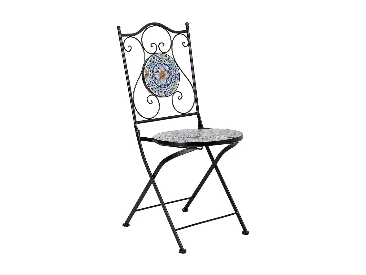 Ensemble table et 2 chaises en mosaïque et fer forgé noir, table : D60 x H75 cm - chaise(s) : D38 x H46-90 cm