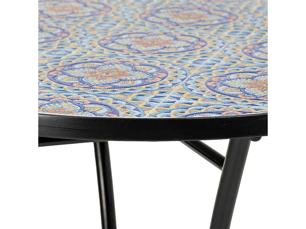 Mosaik- und Schmiedeeisentisch mit zwei Stühlen, Tisch: Ø 60 x 75 cm (