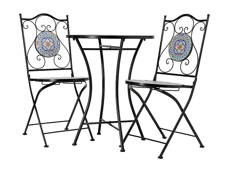 Ensemble table et 2 chaises en mosaïque et fer forgé noir, table : D60 x H75 cm - chaise(s) : D38 x H46-90 cm