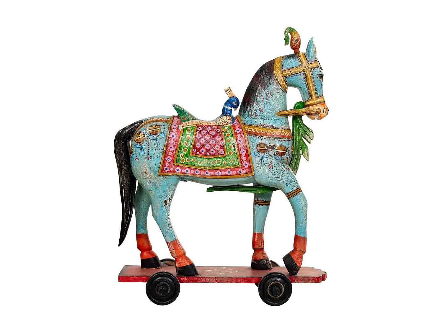 Figurine décorative de cheval, en bois peint en bleu, 90x21x100 cm