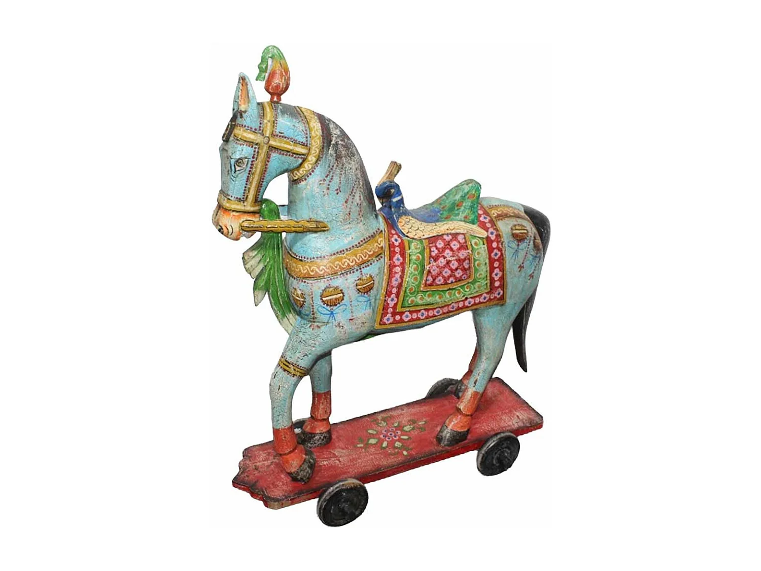Figurine décorative de cheval, en bois peint en bleu, 90x21x100 cm