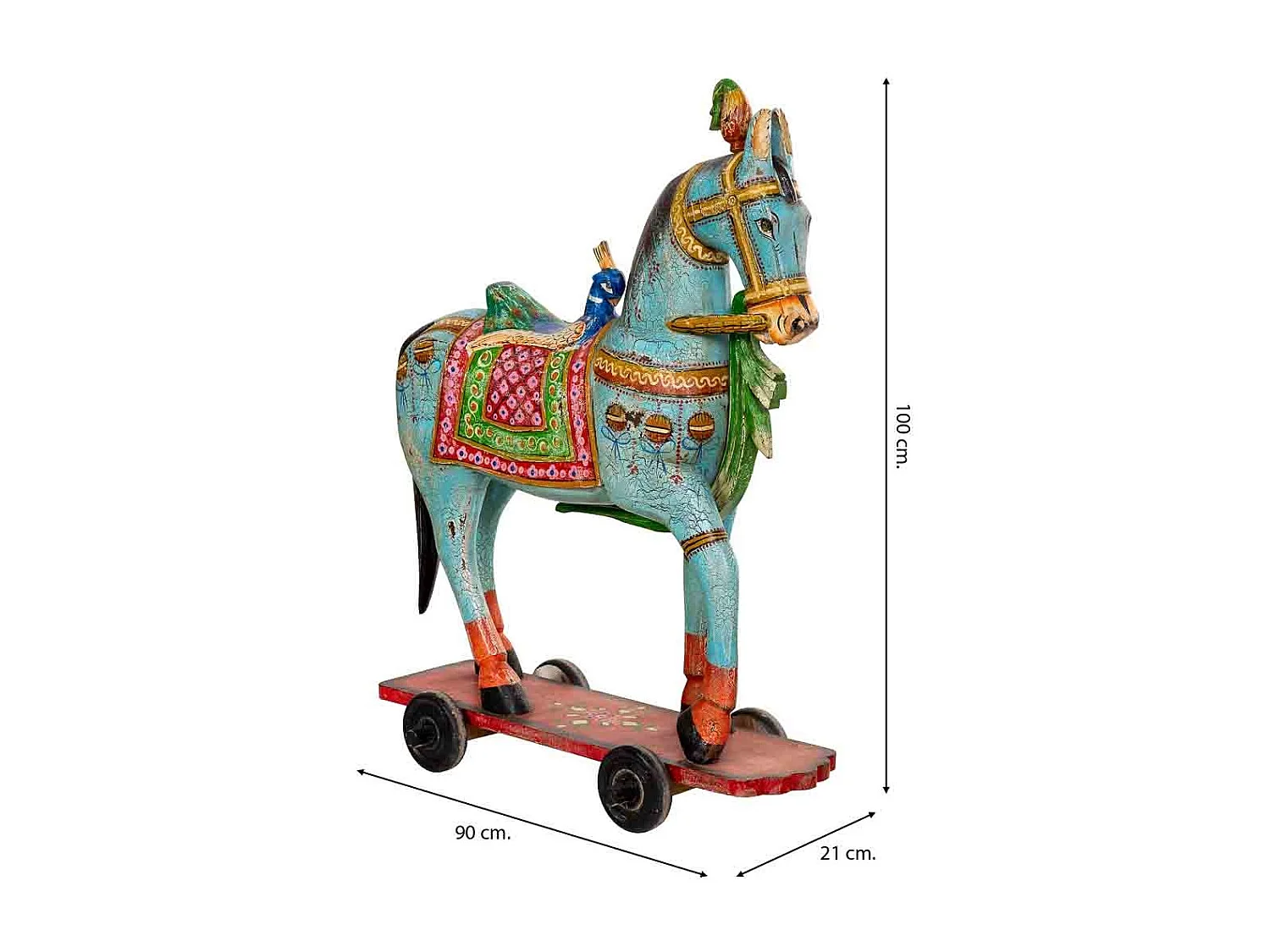Figurine décorative de cheval, en bois peint en bleu, 90x21x100 cm