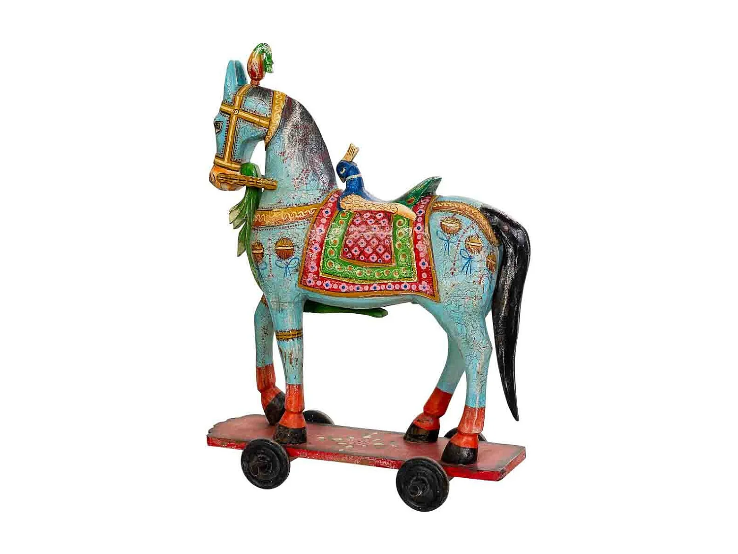 Figurine décorative de cheval, en bois peint en bleu, 90x21x100 cm