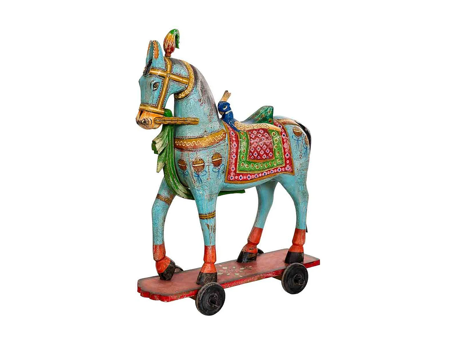 Figurine décorative de cheval, en bois peint en bleu, 90x21x100 cm