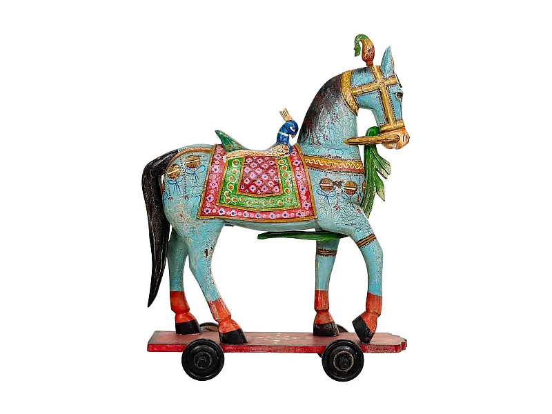 Figurine décorative de cheval, en bois peint en bleu, 90x21x100 cm