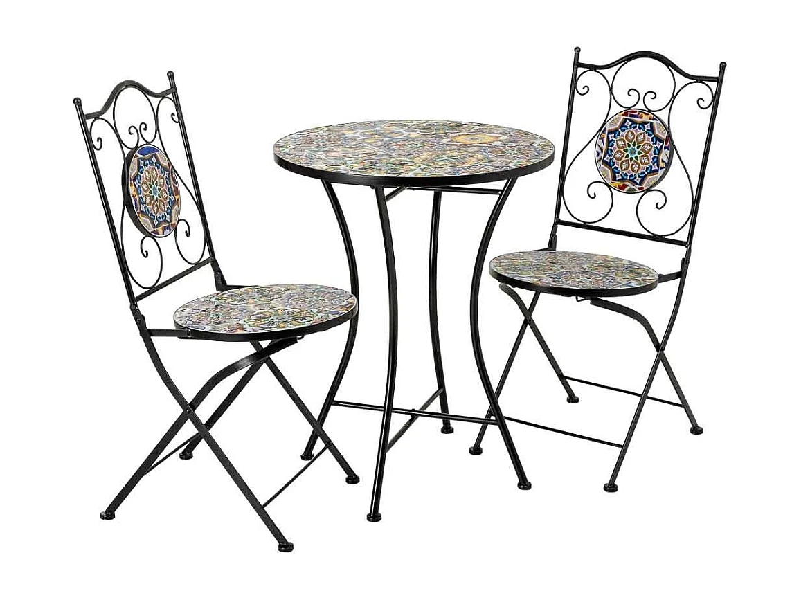 Ensemble table et 2 chaises en mosaïque et fer forgé noir, table : D60 x H75 cm - chaise(s) : D38 x H46-90 cm