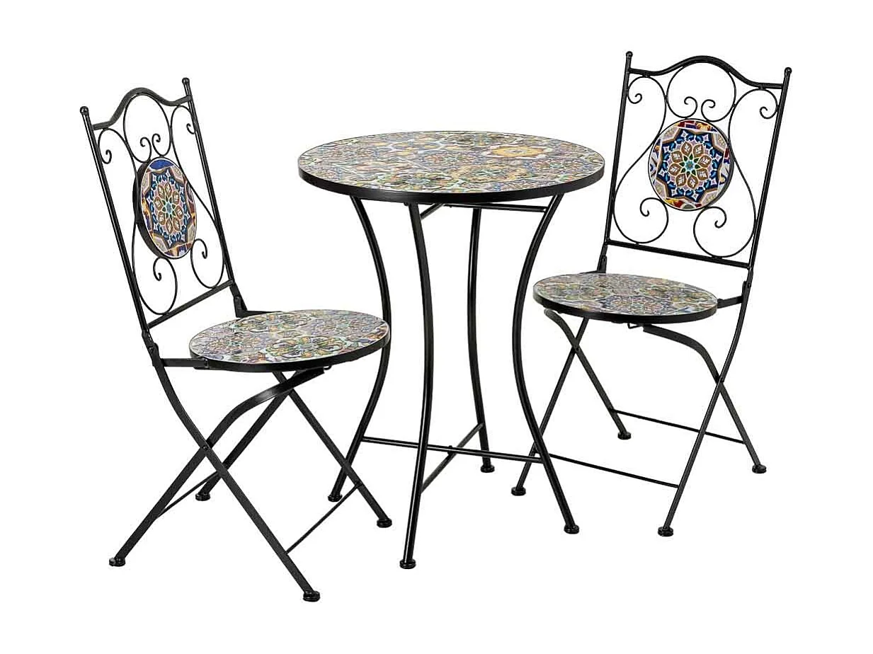 Ensemble table et 2 chaises en mosaïque et fer forgé noir, table : D60 x H75 cm - chaise(s) : D38 x H46-90 cm
