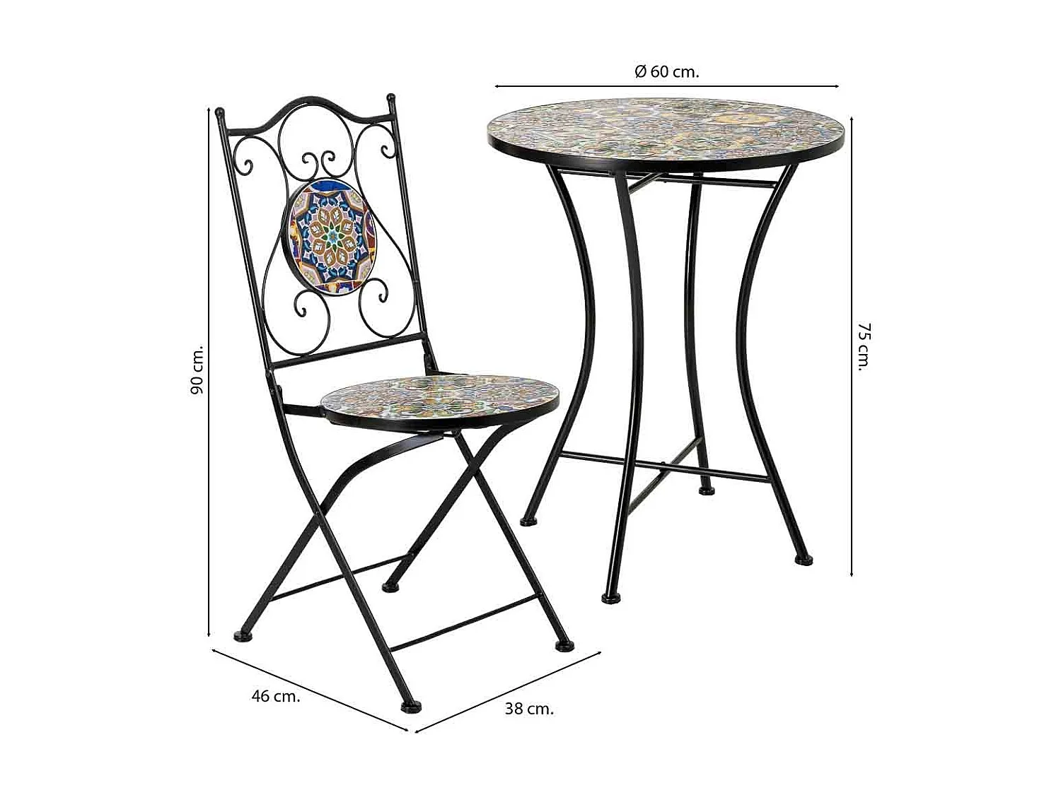 Ensemble table et 2 chaises en mosaïque et fer forgé noir, table : D60 x H75 cm - chaise(s) : D38 x H46-90 cm