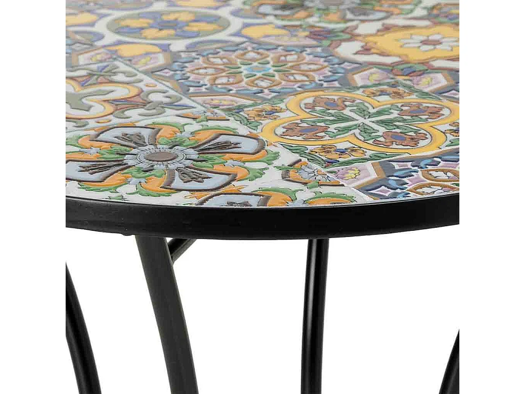 Ensemble table et 2 chaises en mosaïque et fer forgé noir, table : D60 x H75 cm - chaise(s) : D38 x H46-90 cm