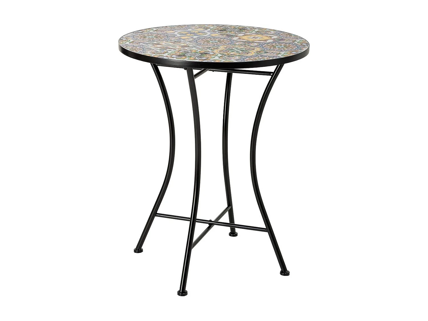 Mosaik- und Schmiedeeisentisch mit zwei Stühlen, Tisch: Ø 60 x 75 cm (