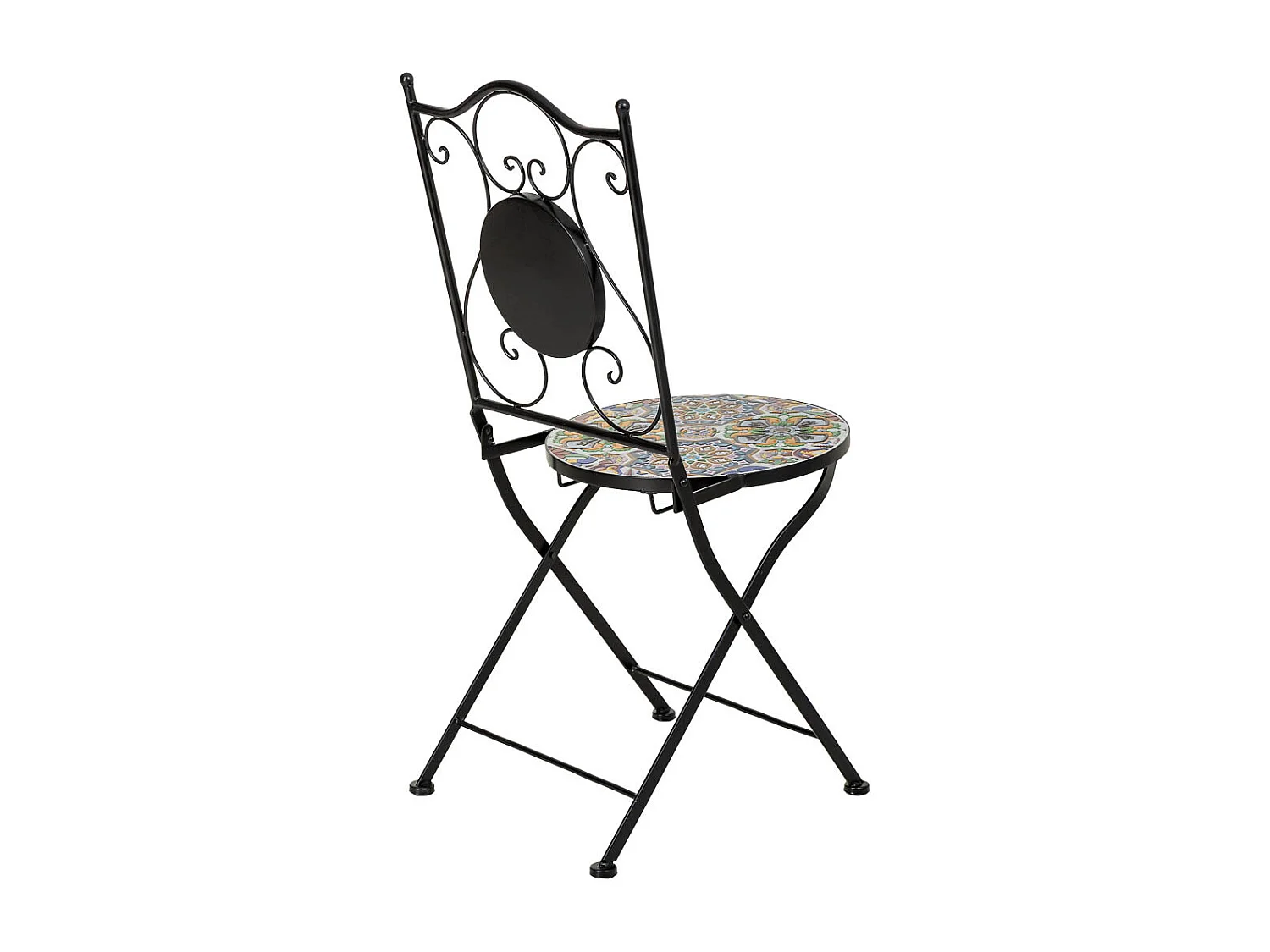 Mosaik- und Schmiedeeisentisch mit zwei Stühlen, Tisch: Ø 60 x 75 cm (