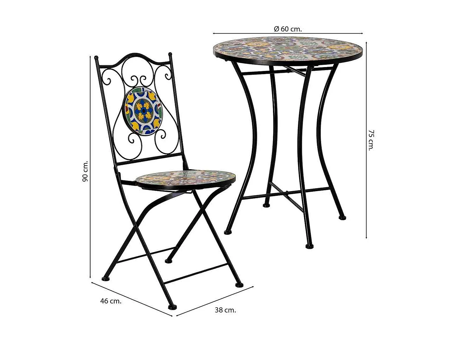 Table et 2 chaises, métal multicolore, 60 x 60 x 75 cm, 38 x 46 x 90 cm