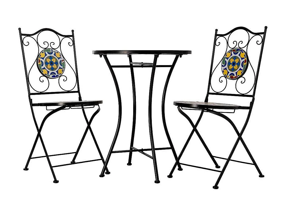Tisch und 2 Stühle, Gelb Metall, 60 x 60 x 75 cm (H), 38 x 46 x 90 cm