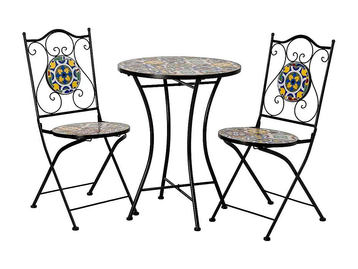 Tisch und 2 Stühle, Gelb Metall, 60 x 60 x 75 cm (H), 38 x 46 x 90 cm