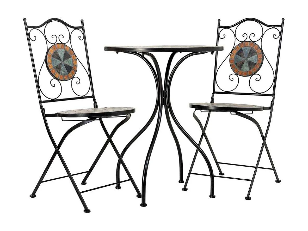 Ensemble table et 2 chaises en mosaïque et fer forgé noir, table : D60 x H75 cm - chaise(s) : D38 x H46-90 cm