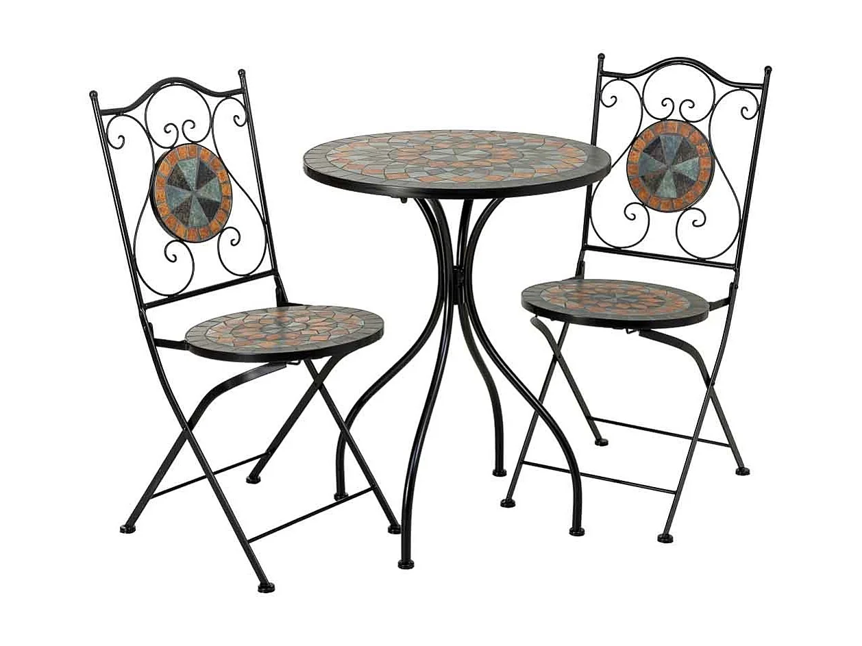 Ensemble table et 2 chaises en mosaïque et fer forgé noir, table : D60 x H75 cm - chaise(s) : D38 x H46-90 cm