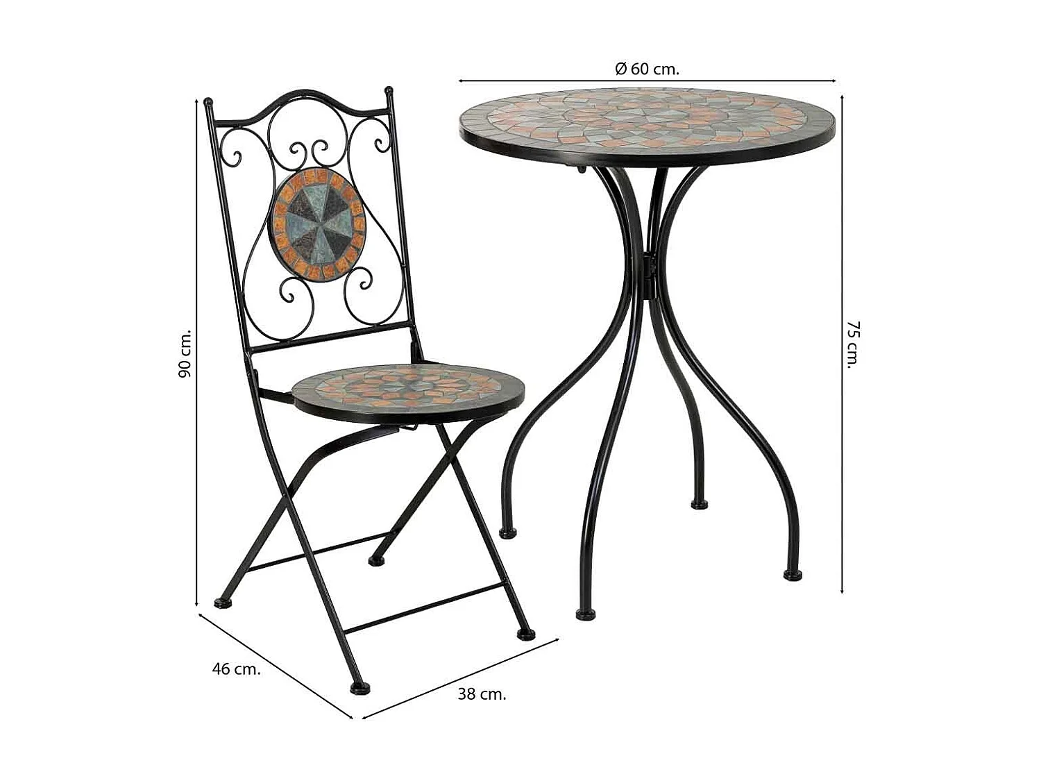 Ensemble table et 2 chaises en mosaïque et fer forgé noir, table : D60 x H75 cm - chaise(s) : D38 x H46-90 cm