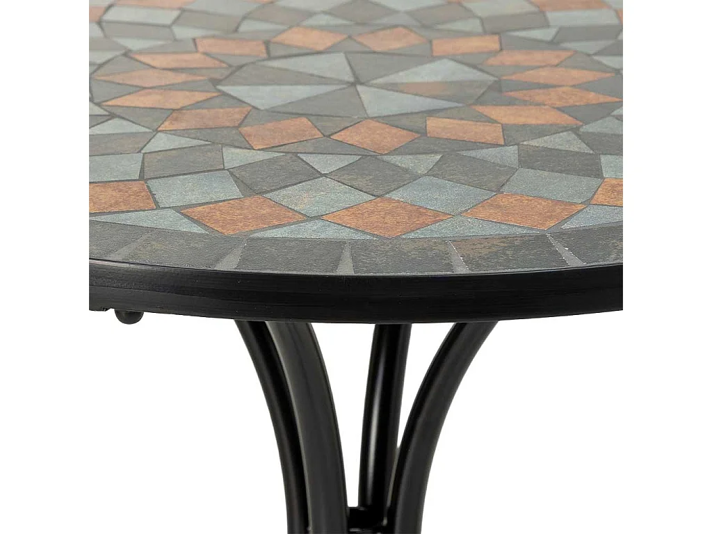 Ensemble table et 2 chaises en mosaïque et fer forgé noir, table : D60 x H75 cm - chaise(s) : D38 x H46-90 cm
