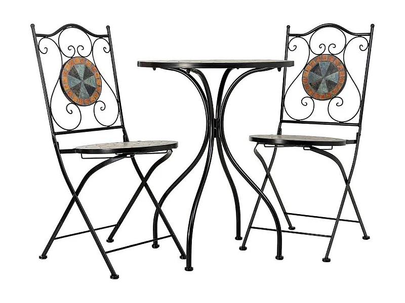 Ensemble table et 2 chaises en mosaïque et fer forgé noir, table : D60 x H75 cm - chaise(s) : D38 x H46-90 cm