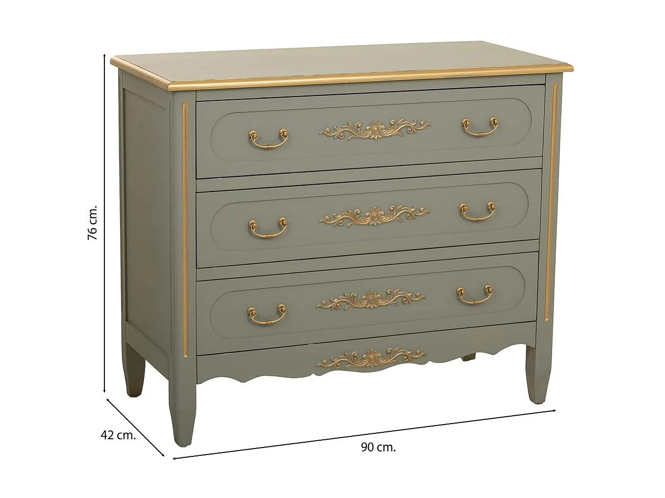 Commode en bois à 3 tiroirs verts, 90 x 42 x 76h cm