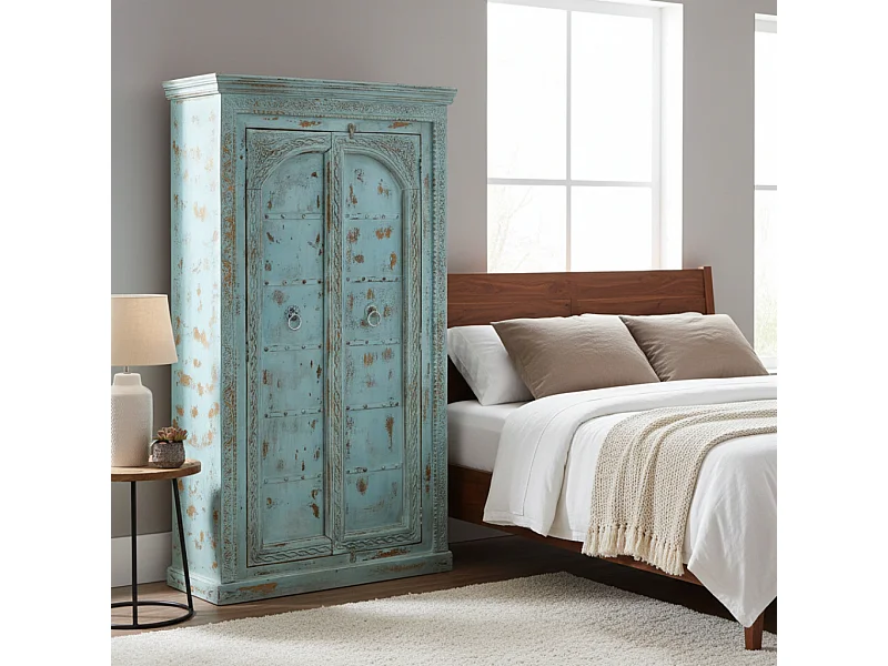 Armoire artisanale en bois bleu 116 x 45 x 203 cm (h)
