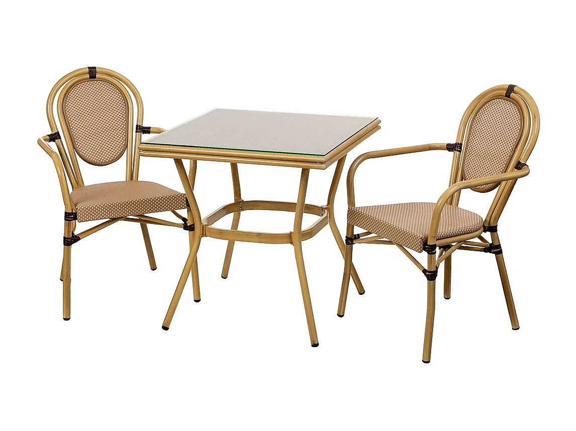 Table et 2 chaises marron, table:70x70x72, chaises (2):55x58x88