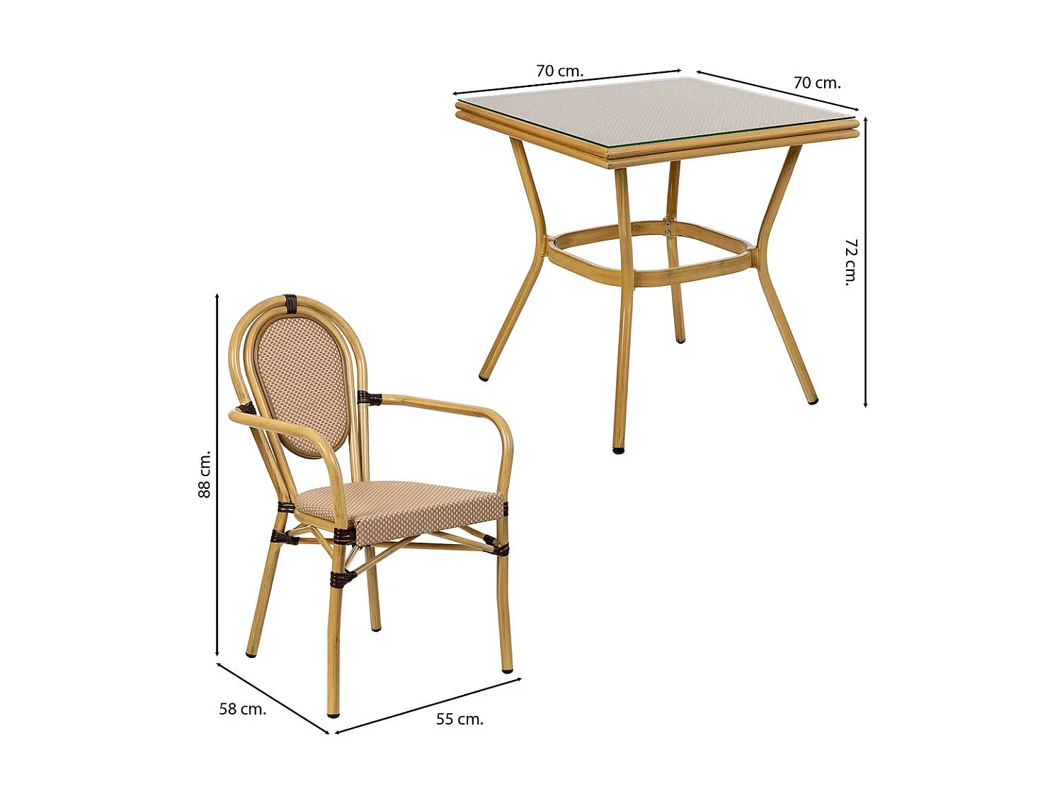 Tisch und 2 Stühle Set, Tisch: 70x70x72.Stühle(2): 55x58x88 Braun