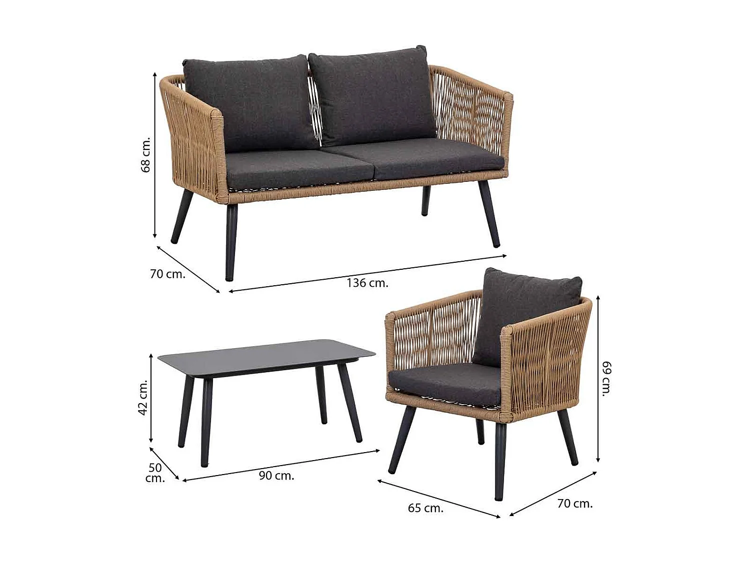 Set aus Tisch, Sofa und 2 Sesseln 90x50x42,65x70x69,136x70x68 Braun