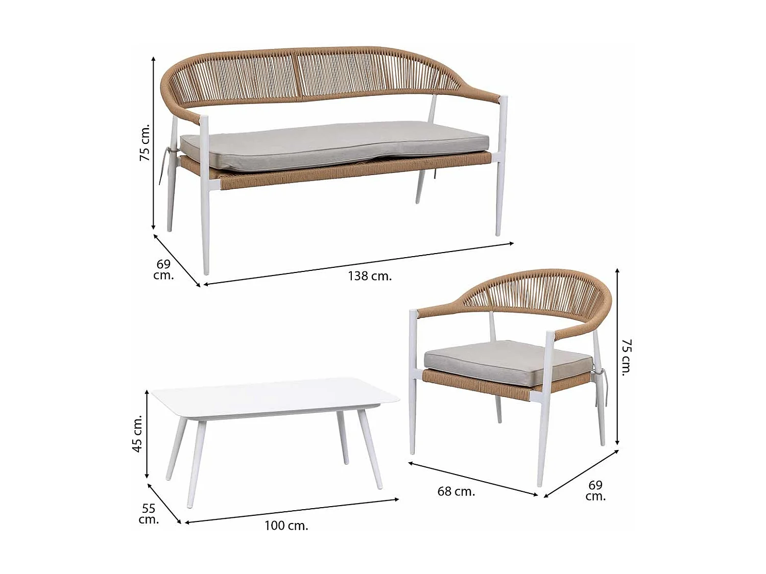 Table, canapé, 2 fauteuils multicolore 100x55x45, 68x69x75, 138x69x75