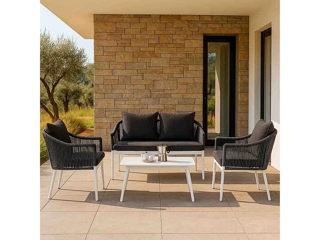 Table basse et 2 fauteuils gris  90x50x40, 58x65x84, 117x65x84