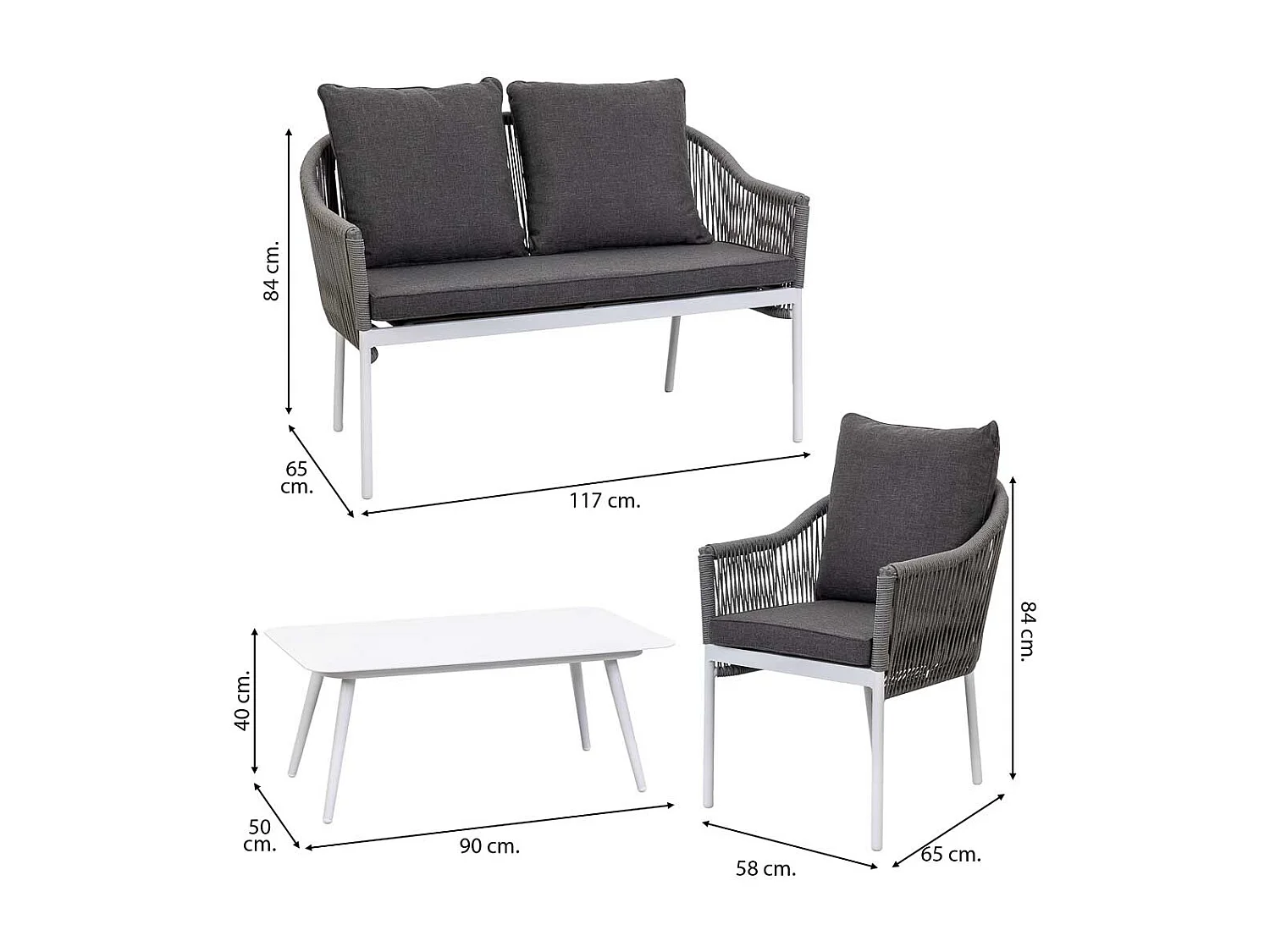 Table basse et 2 fauteuils gris  90x50x40, 58x65x84, 117x65x84