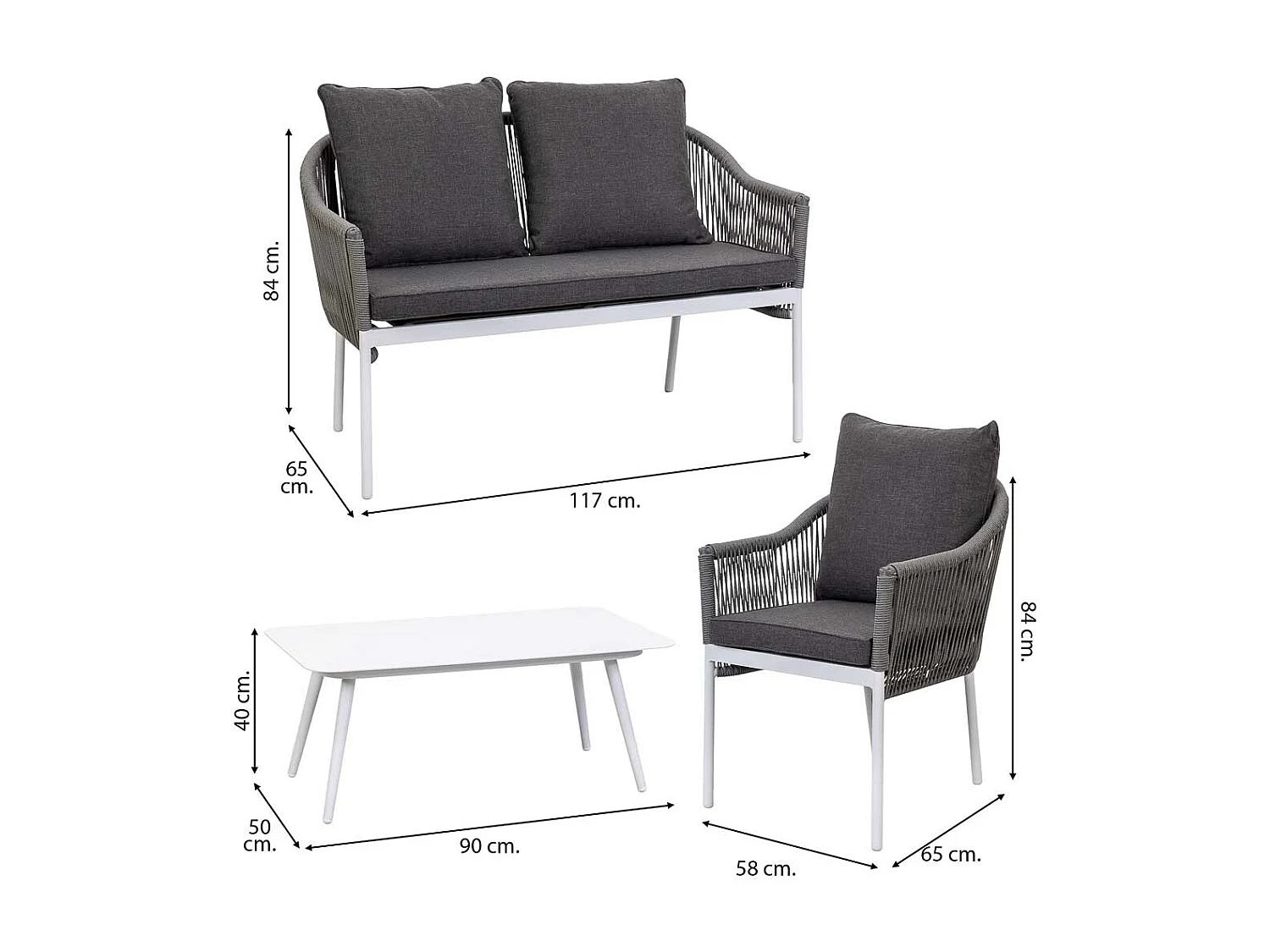 Sofa-Tisch-Set und 2 Sessel 90x50x40, 58x65x84, 117x65x84 Grau