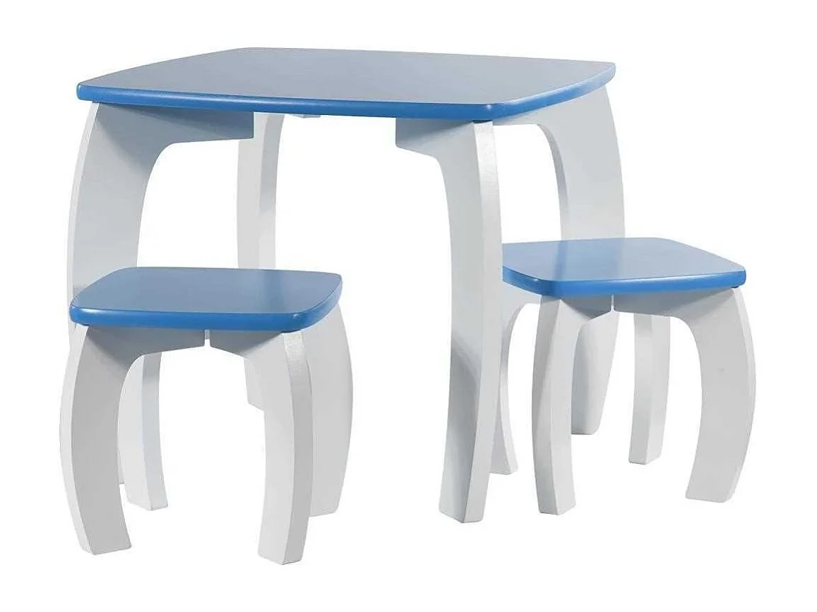 Set Tisch und 2 Hocker aus weißem/blauen Holz 96x48x42 h cm