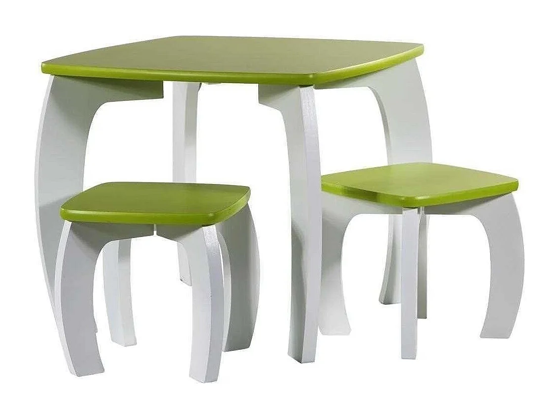 Set table et 2 tabourets en bois blancs/verts