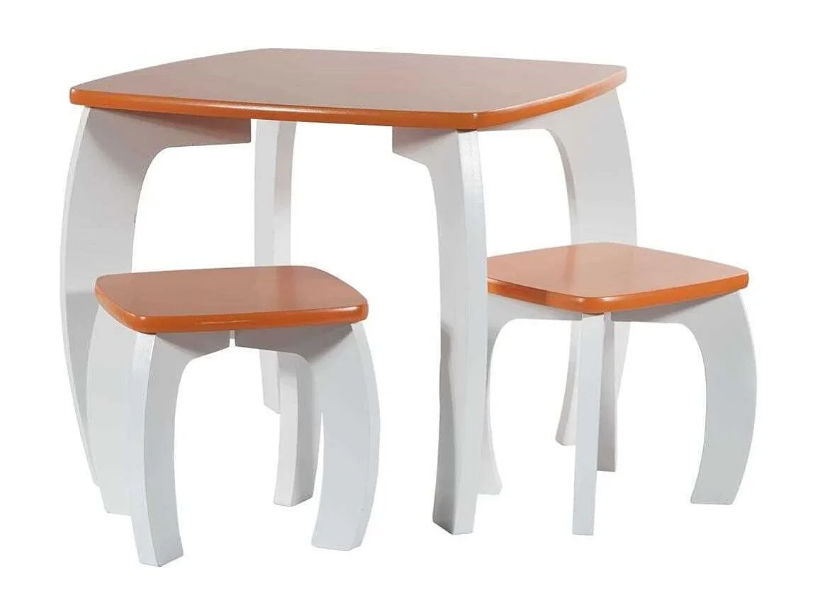 Set Tisch und 2 Hocker aus weißem/orangen Holz 96x48x42 h cm