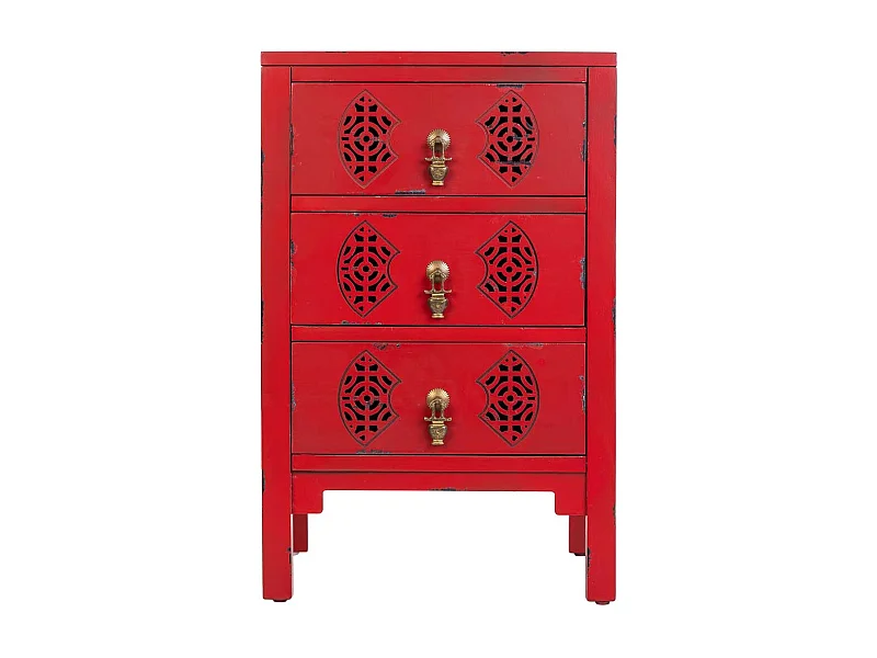 Mesita de madera con 3 cajones rojo 45x36x70