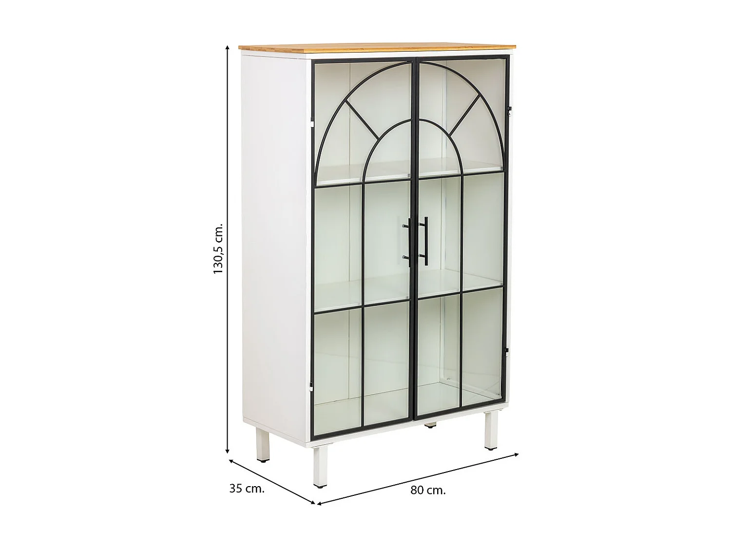 Vetrina in metallo, legno e vetro, 2 ante, bianco, 80x35x130,5h cm