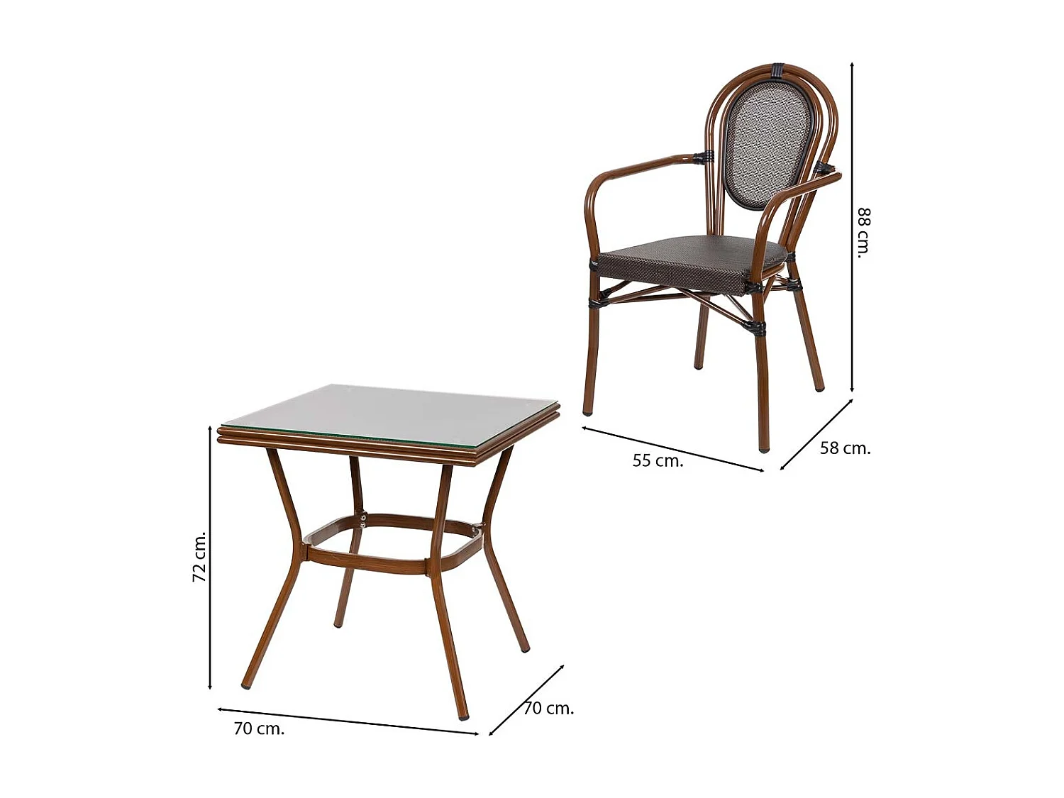 Tisch und 2 Stühle Set, Tisch: 70x70x72.Stühle(2): 55x58x88 Braun
