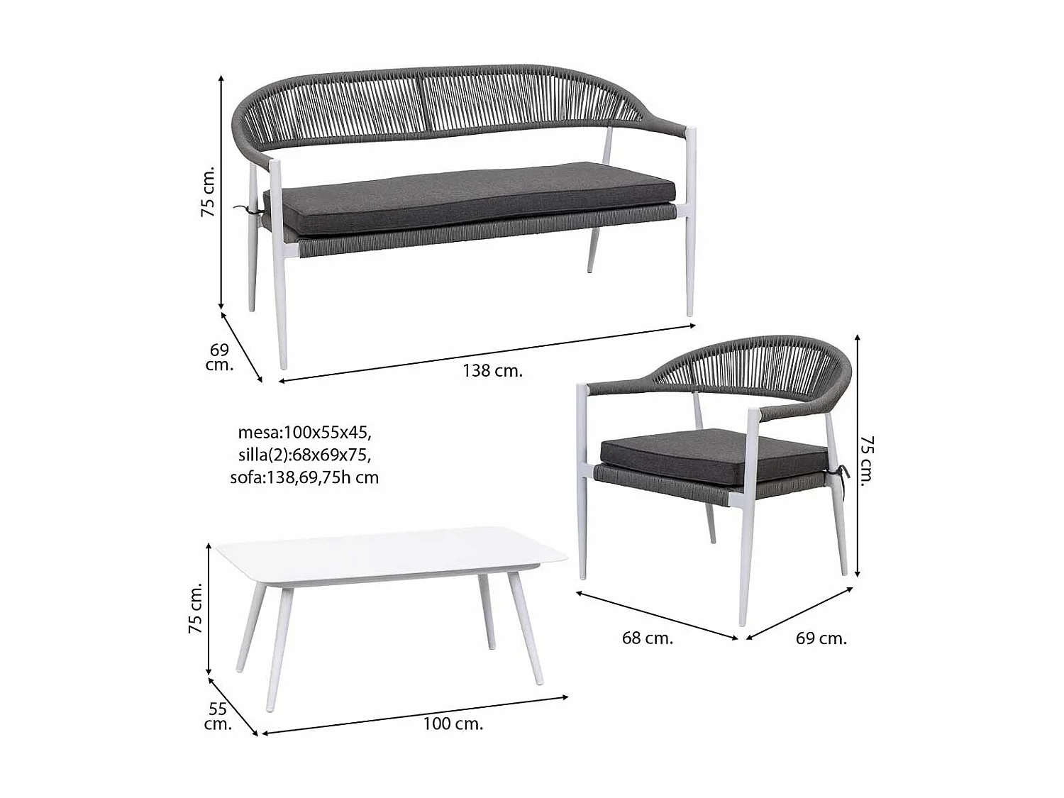 Table, canapé, 2 fauteuils multicolore 100x55x45, 68x69x75, 138x69x75