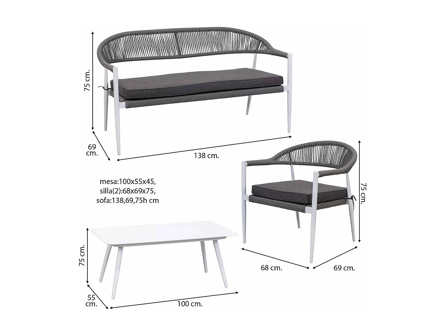 Tavolo, divano e 2 poltrone multicolore 100x55x45, 68x69x75, 138x69x75