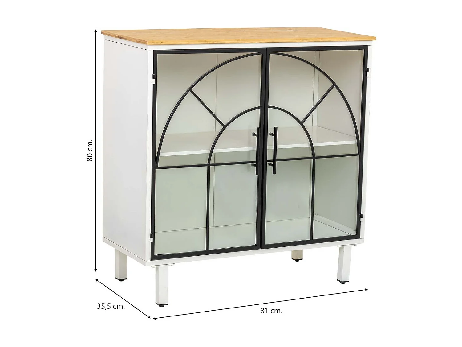 Buffet en verre, métal et bois, 2 portes, blanc81x35,5x80h cm