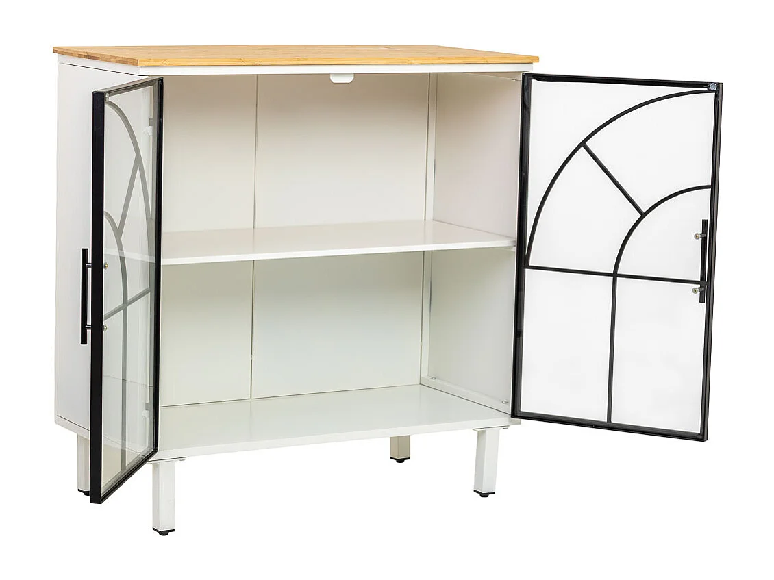 Buffet en verre, métal et bois, 2 portes, blanc81x35,5x80h cm