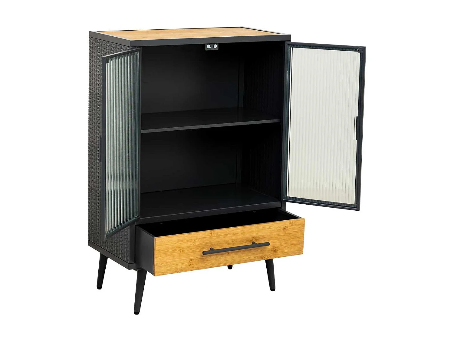 Vitrine en métal, bois et verre, 1 tiroir, noir, 61x32x90,5h cm