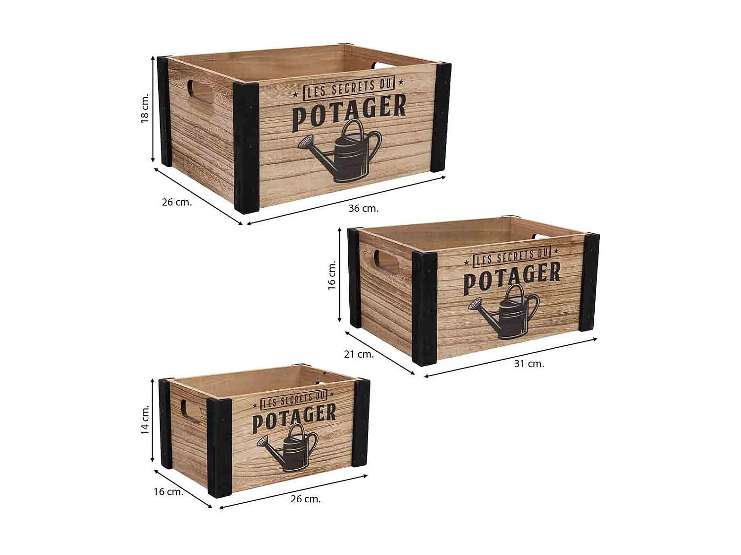Bedruckte Holzschubladen 3er Set 36x26x18h-31x21x16h-26x16x14h cm