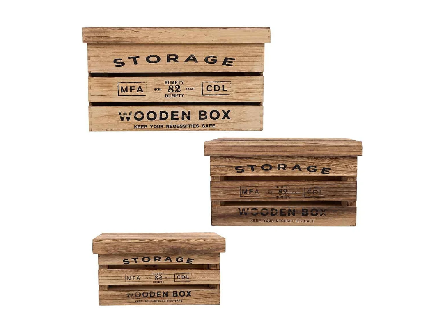 Bedruckte Holzkisten 3er Set 42x31x24h-36x25x20h-30x19x16h cm