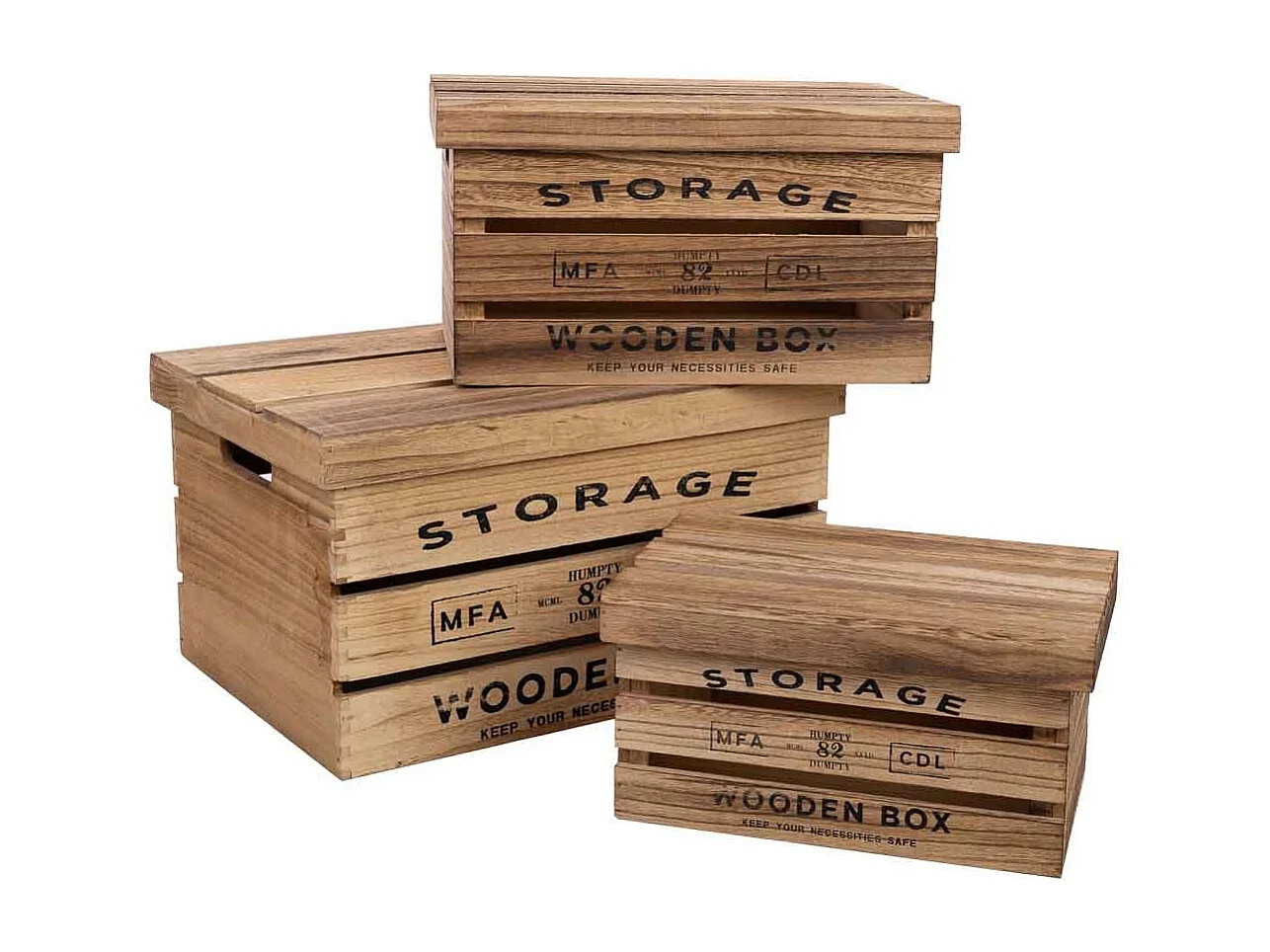 Bedruckte Holzkisten 3er Set 42x31x24h-36x25x20h-30x19x16h cm