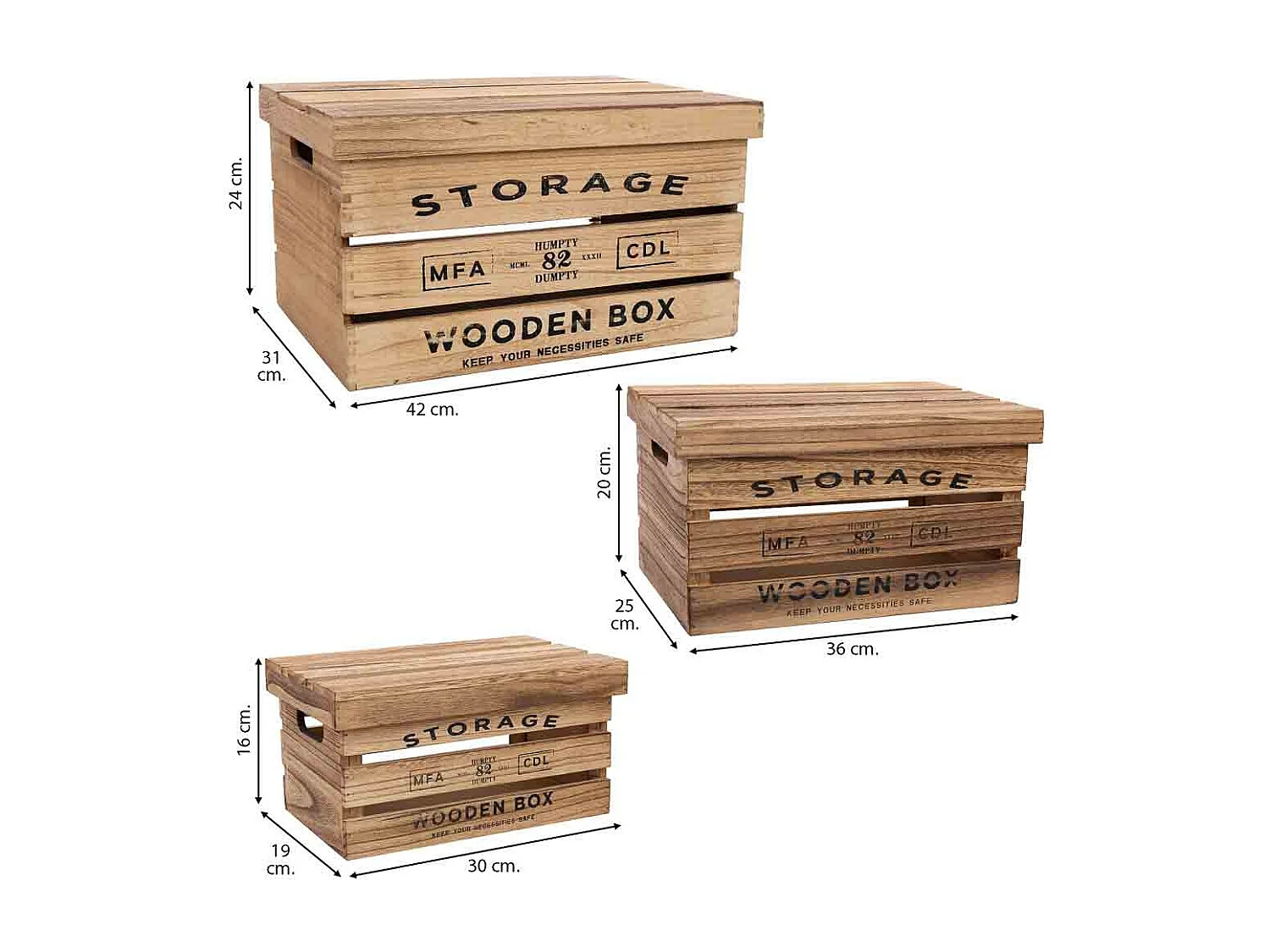 Bedruckte Holzkisten 3er Set 42x31x24h-36x25x20h-30x19x16h cm